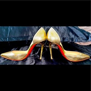 AUTHENTIC Christian Louboutin Gold Perforated Leather Glitter Galu D'orsay Pumps